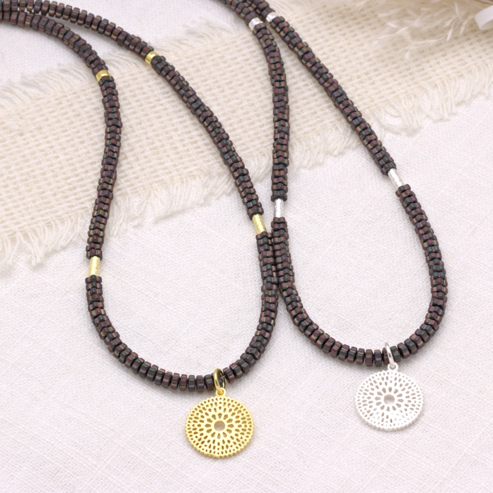 Filigrane Halskette für Damen aus Hämatit mit Anhänger Mandala, 925er Silber oder Gold plattiert