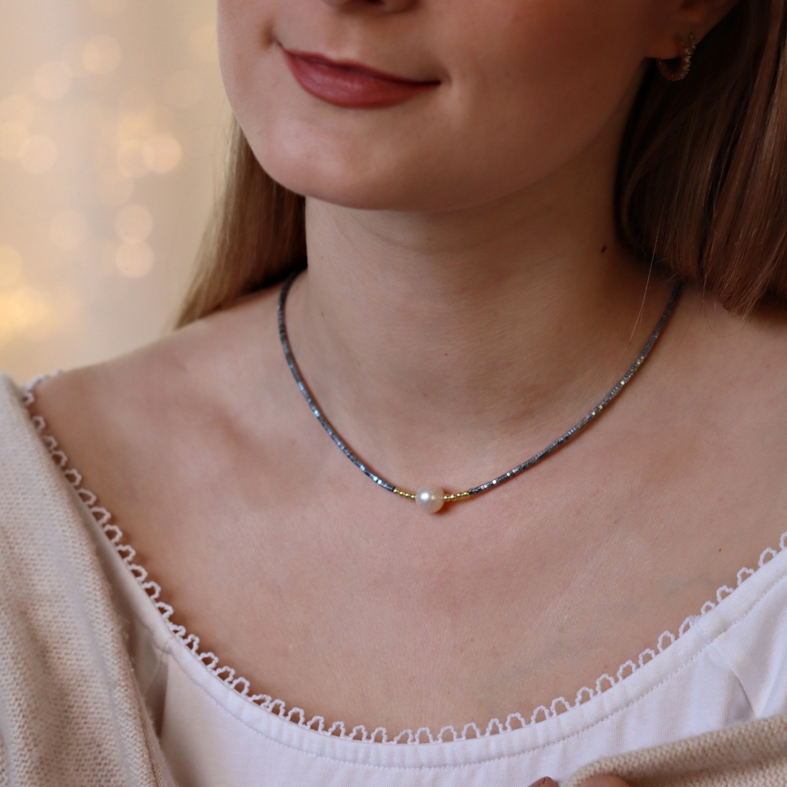 Filigrane Halskette aus Hämatit mit echter Perle, 925-er Silber oder Gold plattiert 7