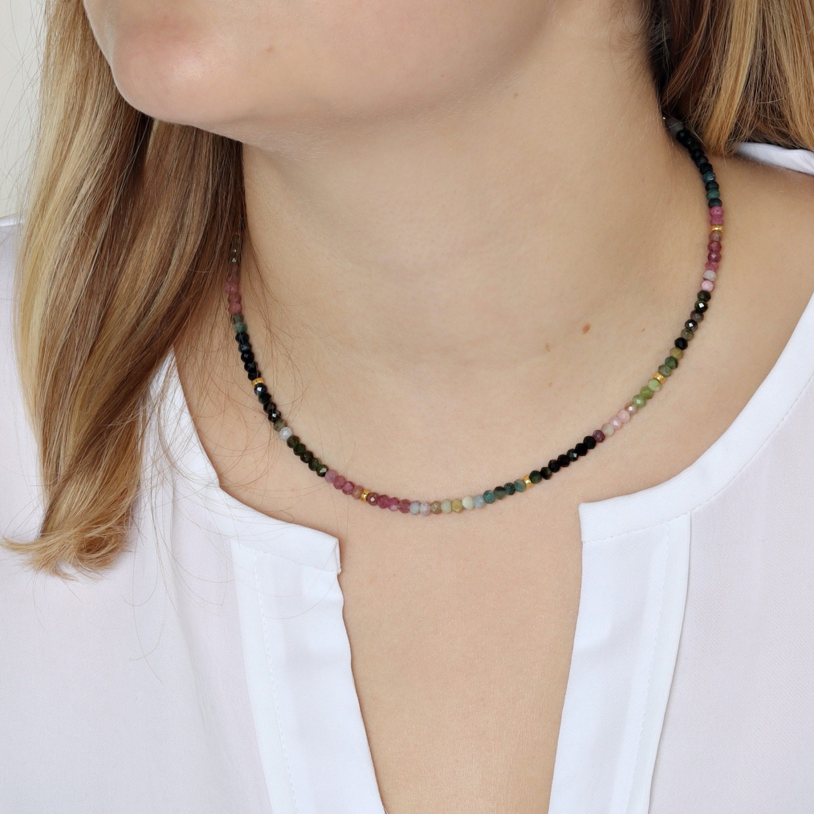 Filigrane Halskette für Damen aus Turmalin Multi Color 3 mm facettiert