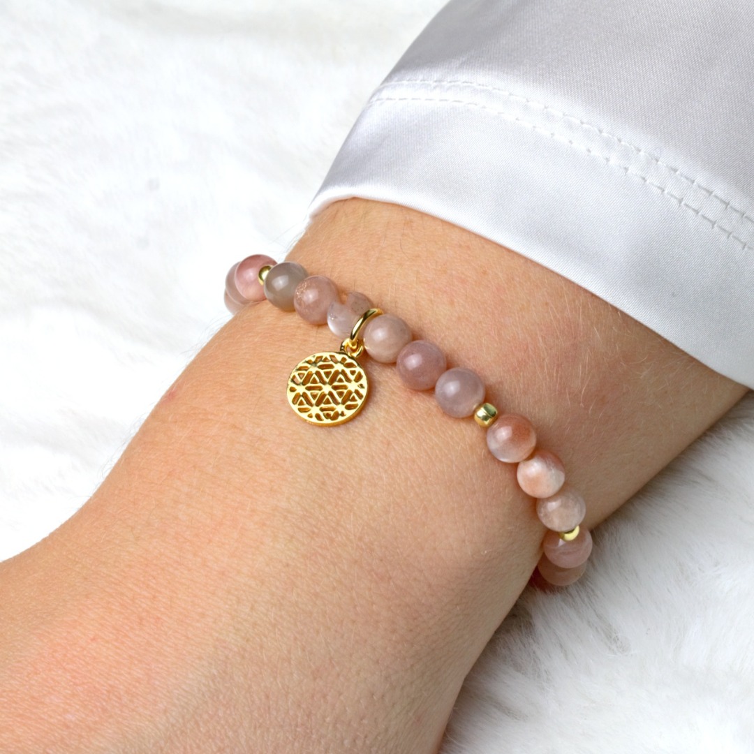 Lebensblume Armband aus Mondstein rosè-beige 925 Silber oder vergoldet perfektes Geschenk für Frau