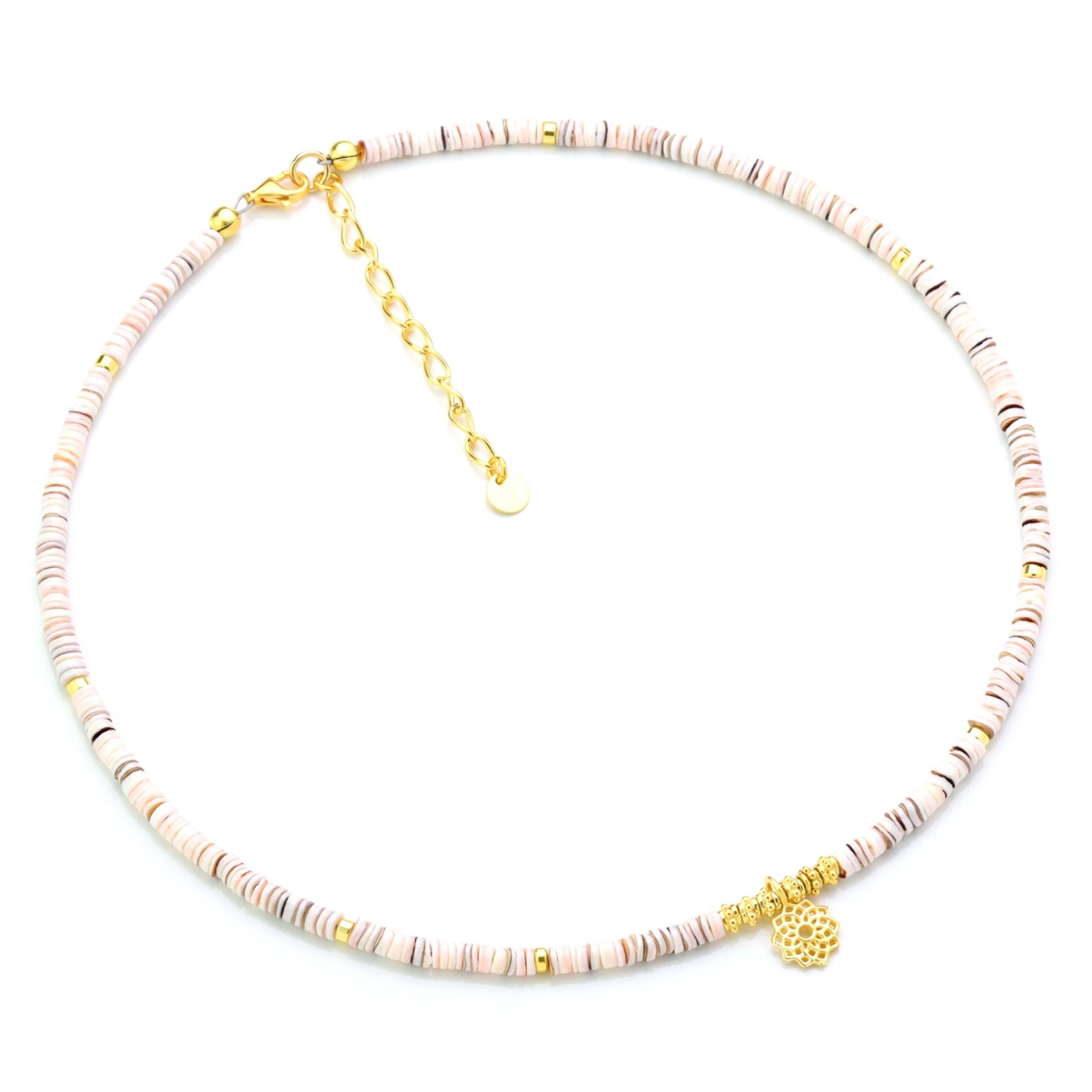 Filigrane Kette aus Muschel-Perlen mit kleinem Sonnen-Mandala Choker Halskette 6