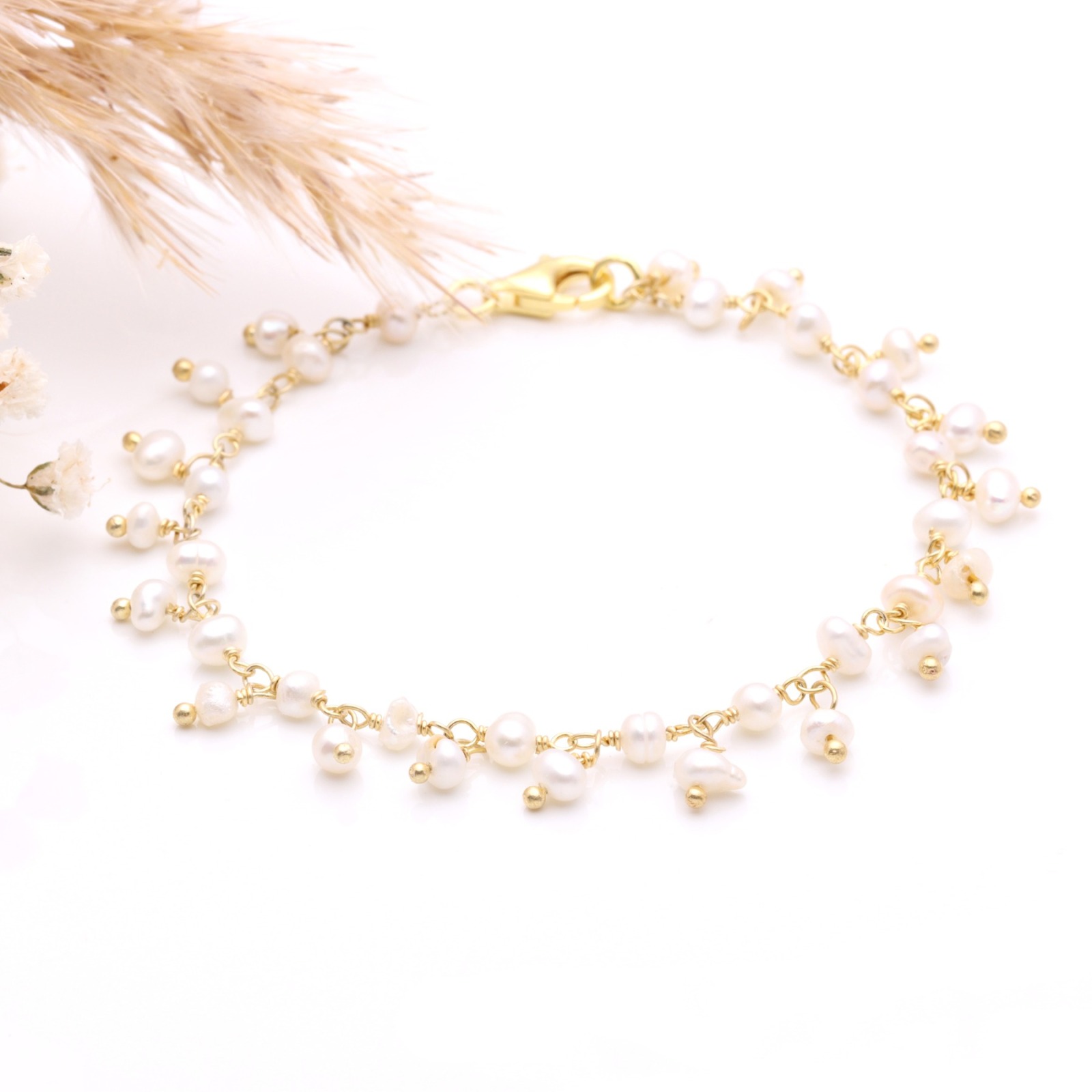 Goldenes Armband aus echten Perlen, 925er Silber vergoldet