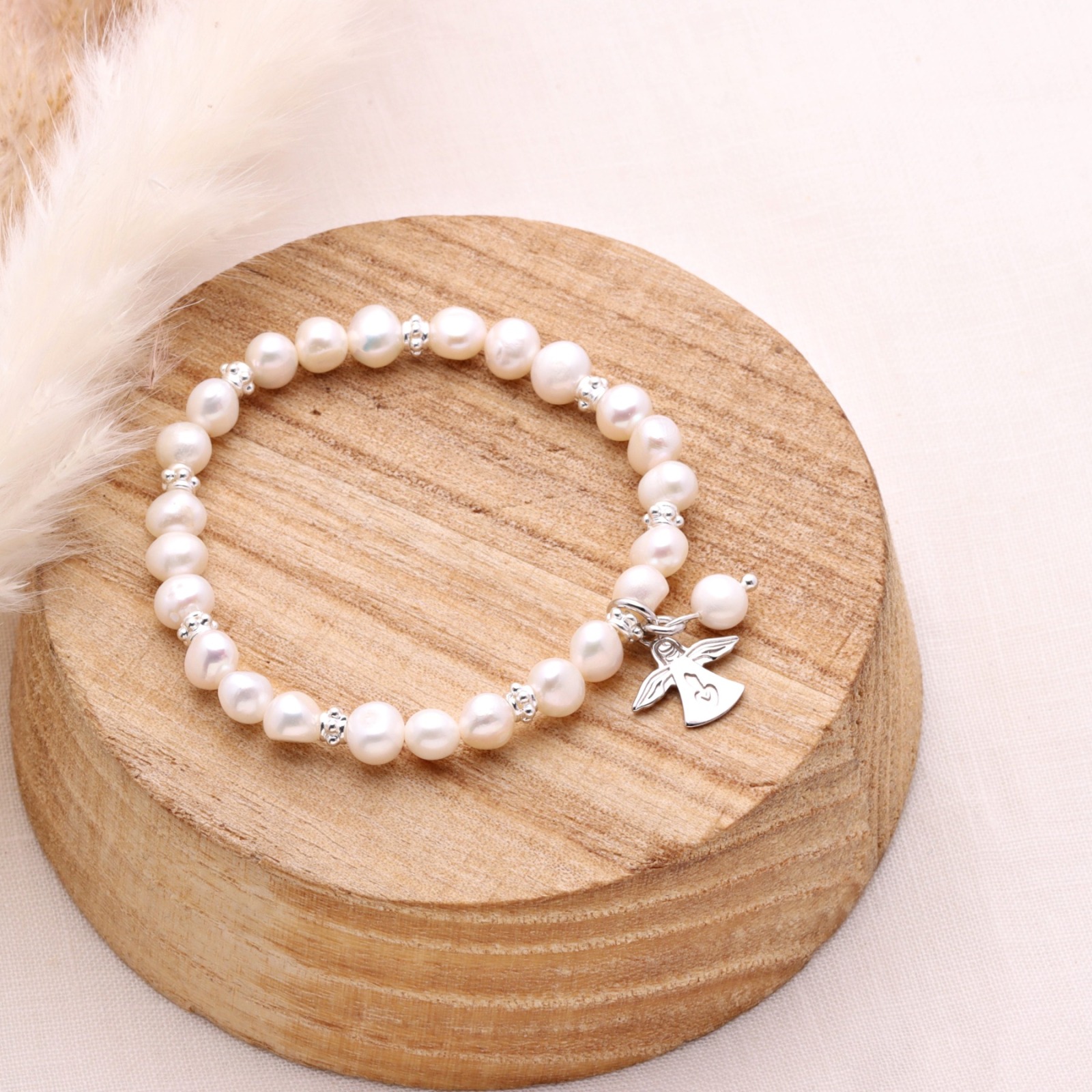 Armband aus echten Perlen mit Schutzengel Silber Geschenk zur Kommunion elastisch 4