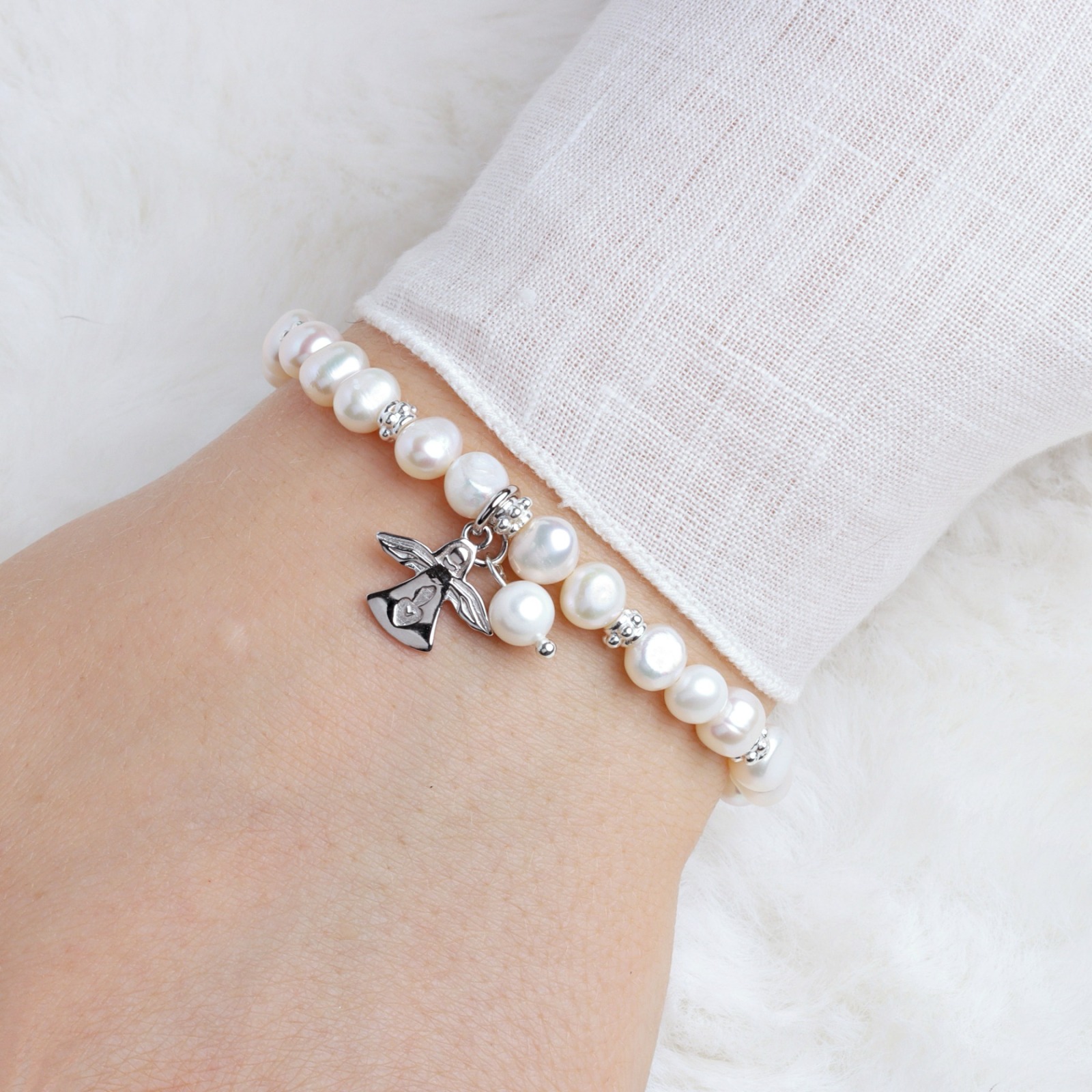 Armband aus echten Perlen mit Schutzengel Silber Geschenk zu Weihnachten elastisch 2