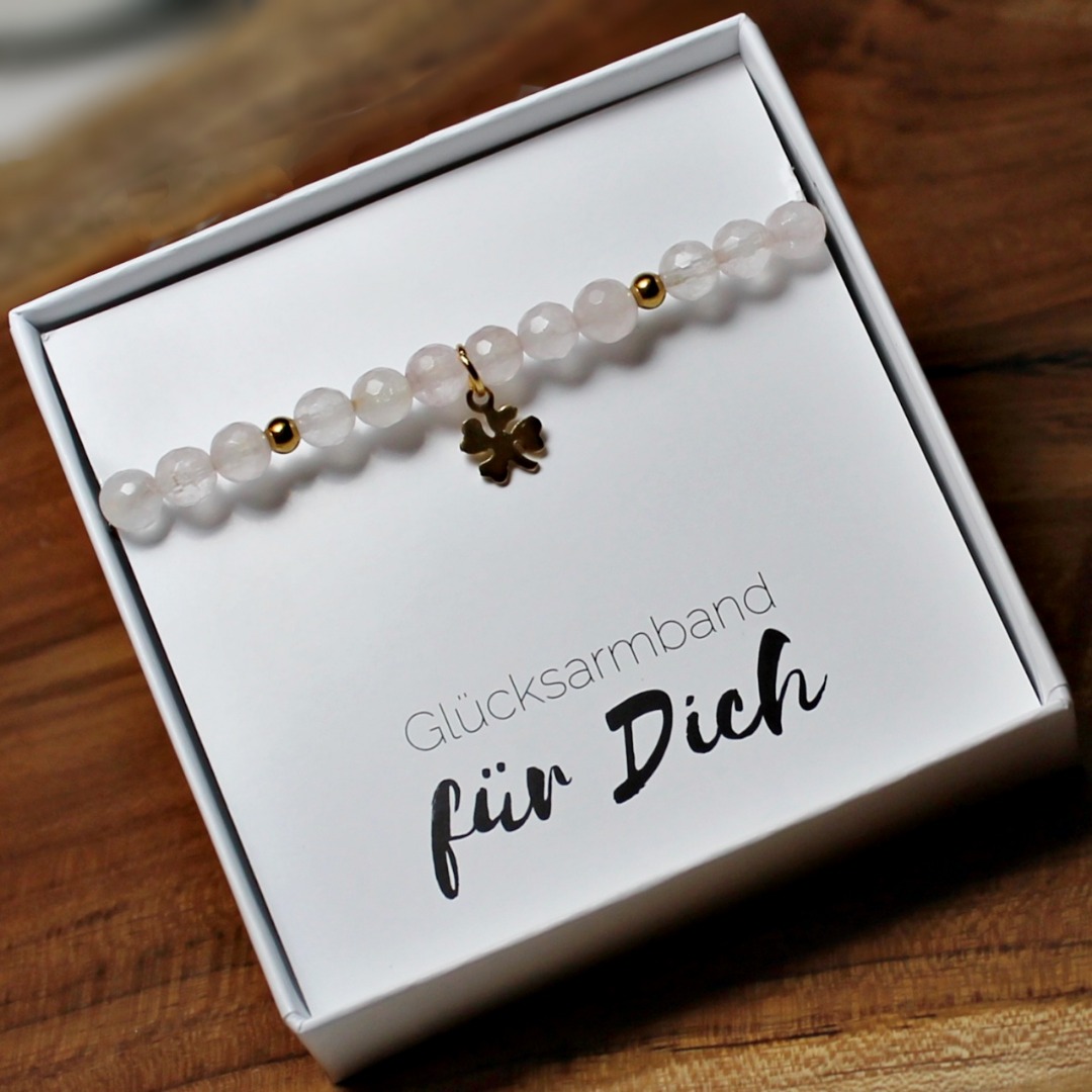 Glücks-Armband Damen aus echtem Rosenquarz mit Kleeblatt Glücksbringer-Geschenk für Frauen und Mädchen 3