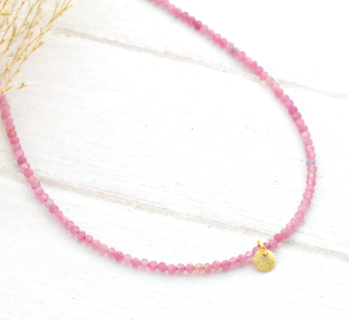 Feine Edelstein-Halskette Damen aus echtem Pink Turmalin mit Anhänger Plättchen schönes Geschenk