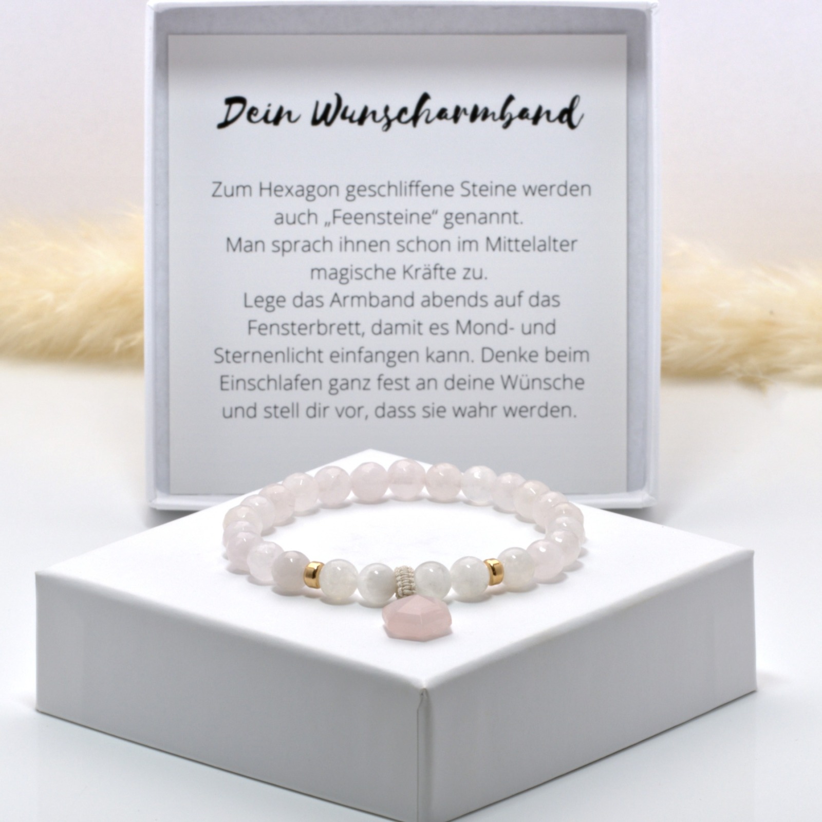 Wunscharmband aus Rosenquarz und Mondstein, Anhänger Hexagon, schönes Geschenk 3