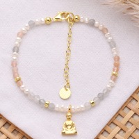 Filigranes Armband aus Mondstein und echten Perlen mit einem kleinen Buddha, Silber oder Gold platti