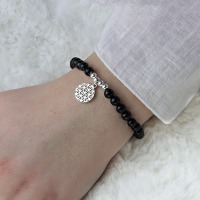 Armband schwarzer Turmalin, Schörl-Armband mit Lebensblume, 725er Silber