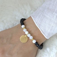 Schwarzer Turmalin Armband, Schörl-Armband mit weißem Mondstein und Mandala, 925er Silber oder