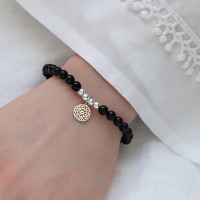 Armband schwarzer Turmalin, Schörl-Armband mit Mandala, 725er Silber, perfektes Geschenk für