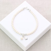 Glücks-Armband Silber aus echten Perlen mit Kleeblatt, Glücksbringer-Geschenk für Frauen und Mäd