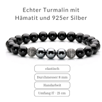 Herren-Armband schwarzer Turmalin Schörl 8 mm mit Hämatit, 925er Silberperlen 2