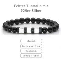 Herren-Armband schwarzer Turmalin Schörl 8 mm, 925er Silberwürfel 9