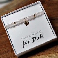 Glücks-Armband Damen aus echtem Rosenquarz mit Kleeblatt, Edelstahl 3