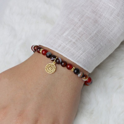 Karneol-Armband mit Mandala - Elastisches Armband aus leuchtenden Karneol-Perlen