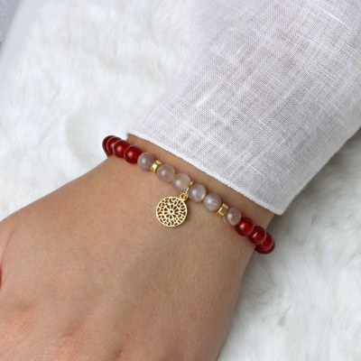 Armband aus Karneol und Mondstein mit Mandala - Elastisches Armband aus leuchtenden Karneol-Perlen mit beigem Mondstein