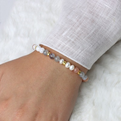 Echtes Mondstein Armband Damen mit Süßwasserperlen 925 Silber oder vergoldet perfekte Geschenk-Idee für Frauen - Armband aus Mondstein und Süßwasserperlen
