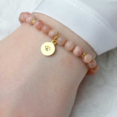 Armband aus rosa Mondstein Anhänger Hundepfote 925 Silber oder Gold plattiert - Armband Mondstein