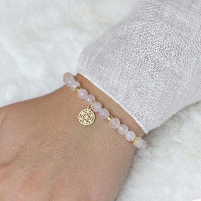 LEBENSBLUME Armband Frauen aus echtem ROSENQUARZ 925er Silber perfektes Geschenk für Frauen - Armband Rosenquarz mit Blume des Lebens