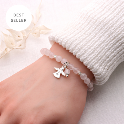 Rosenquarz-Armband Damen mit Schutzengel Silber, perfektes Geschenk für Frauen und Mädchen,