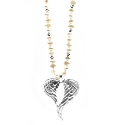 Lange Perlen-Kette mit einem Engelsflügel aus 725er Silber individualisierbar schönes Geschenk - Engelskette