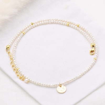 Zarte Perlenkette aus echten Süßwasser-Perlen mit Anhänger Plättchen - Filigrane Perlenkette mit