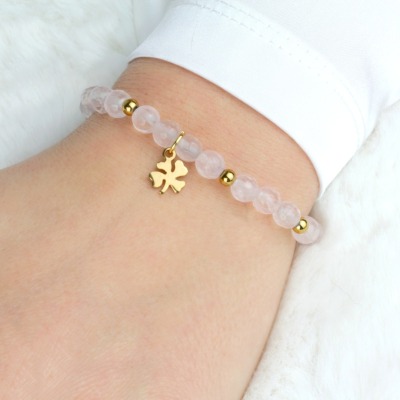 Glücks-Armband Damen aus echtem Rosenquarz mit Kleeblatt Glücksbringer-Geschenk für Frauen und Mädchen - Armband Rosenqaurz