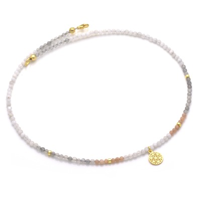 Filigrane Mondstein-Kette für Damen, Silber, Gold oder Rosègold plattiert, Anhänger Lebensblume -