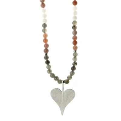 Lange Kette aus Mondsteinen multicolor mit Herz aus Silber schönes Geschenk - Mondsteinkette