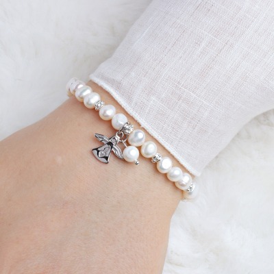 Armband aus echten Perlen mit Schutzengel Silber Geschenk zu Weihnachten elastisch -