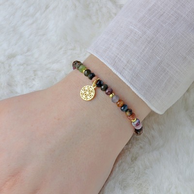 Armband aus Turmalin multicolor mit Lebensblume schönes Geschenk - Armband Turmalin bunt verstellba