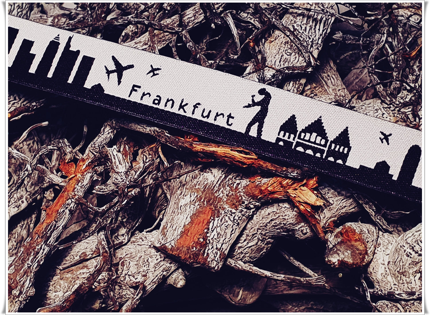 Webband Frankfurt 160 /m - Skyline Webband - Städtewebband - schwarz-weiß - Breite 15 mm
