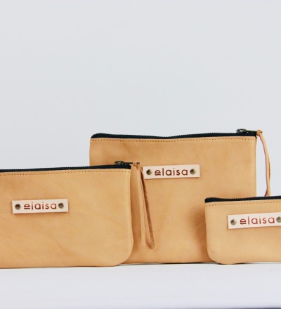 SET OF LEATHER POUCHES IN NUDE - S M & L