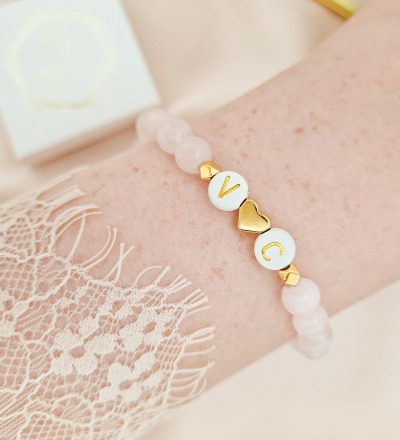 Rosenquarz Armband mit Initialen - In Gold Silber &amp; Rosegold