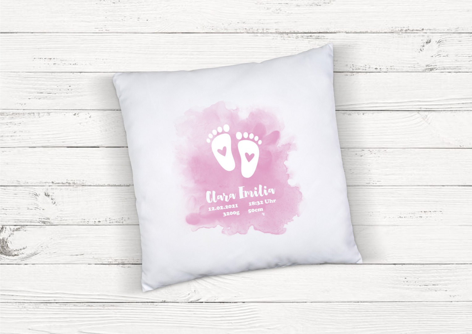 Kissen zur Geburt Babyfüße rosa personalisiert mit Namen 2