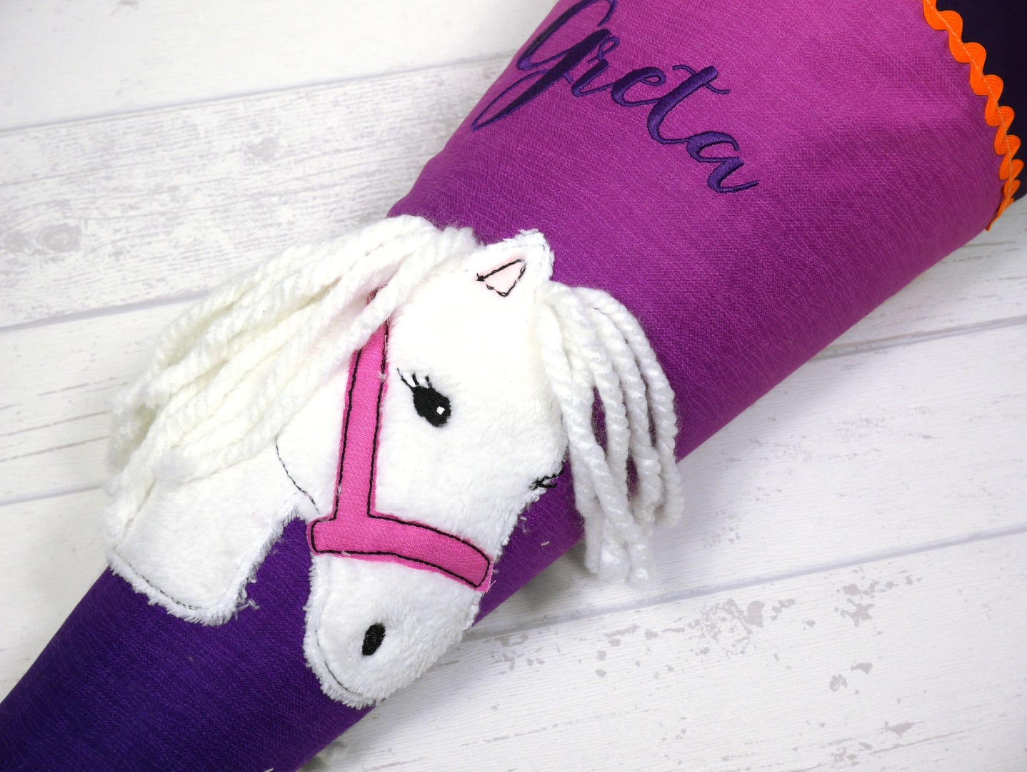 Schultüte Pferd pink lila Zuckertüte aus Stoff Farbverlauf