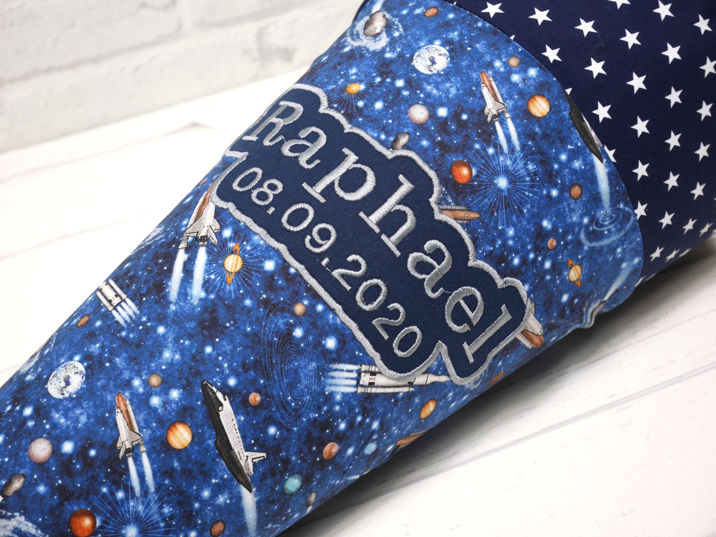 Schultüte aus Stoff Astronaut blau Zuckertüte Spaceshuttle Stoffschultüte mit Name 70cm oder 85cm 2