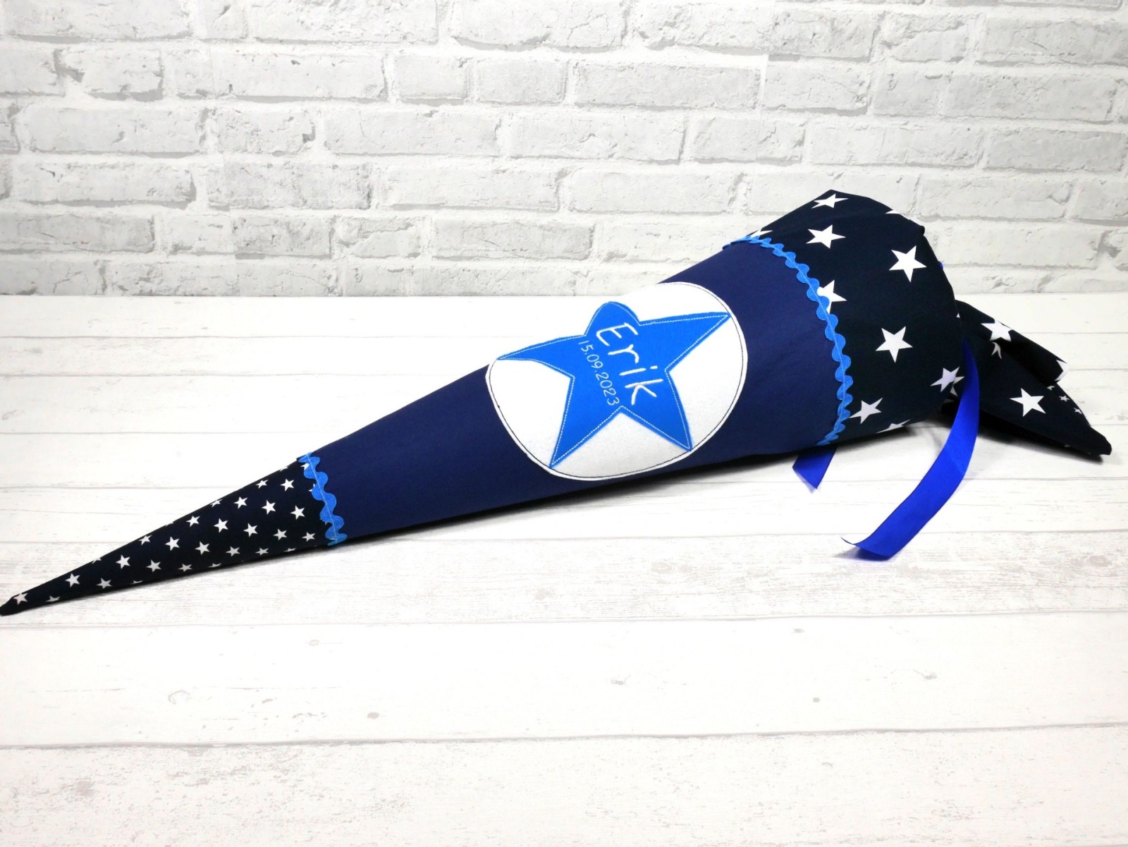 Schultüte aus Stoff Stern blau mit Name 70cm oder 85cm