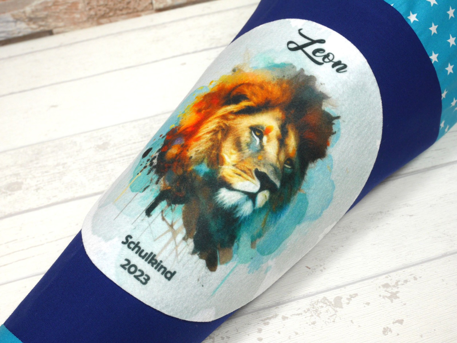 Schultüte aus Stoff blau türkis mit Name Löwe Zuckertüte 70cm oder 85cm 2