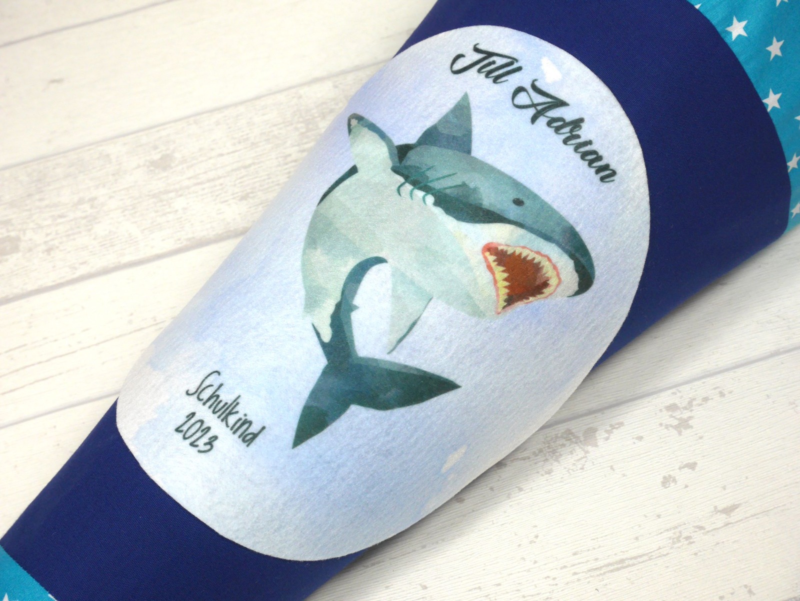 Schultüte aus Stoff blau türkis mit Name Hai Zuckertüte 70cm oder 85cm 3