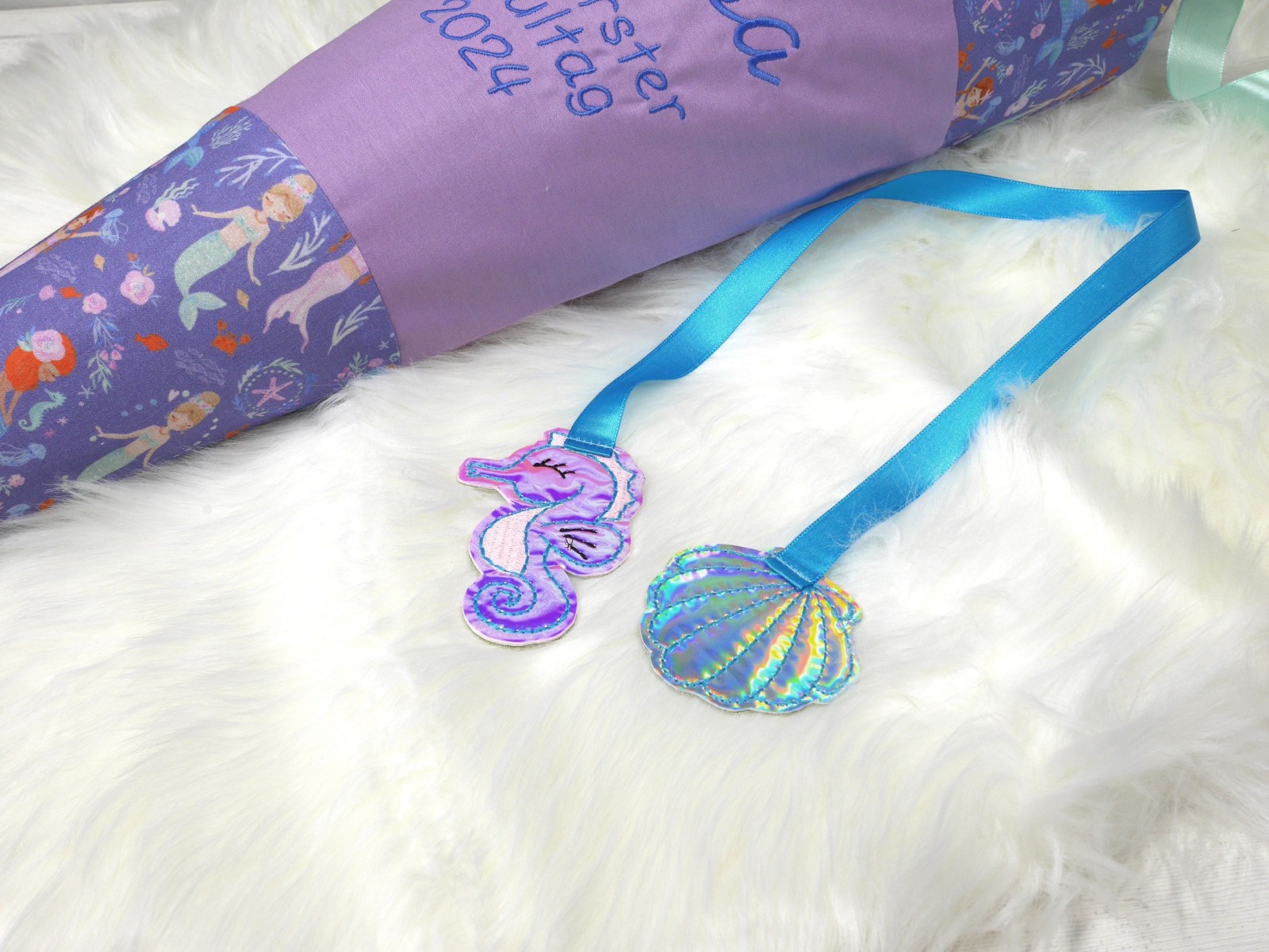 Schultüte aus Stoff flieder Meerjungfrau lila Zuckertüte Mermaid mit Anhänger 2