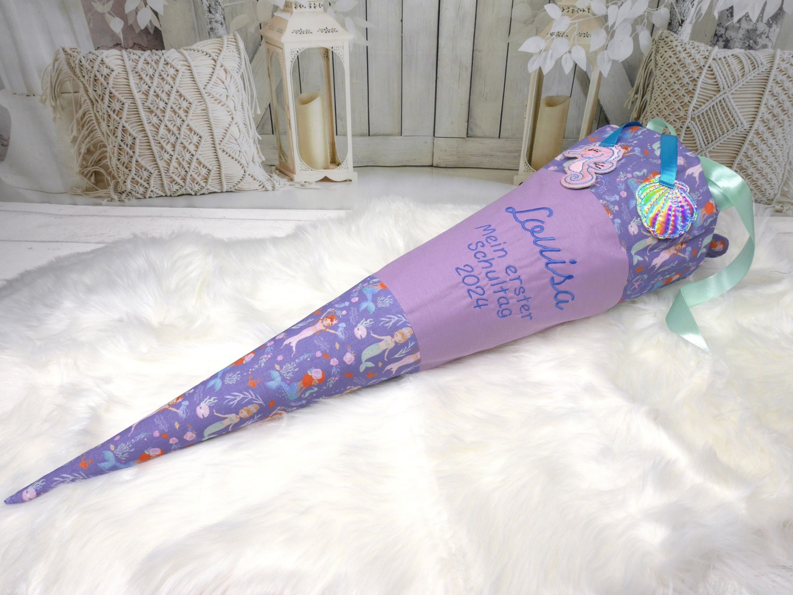 Schultüte aus Stoff flieder Meerjungfrau lila Zuckertüte Mermaid mit Anhänger
