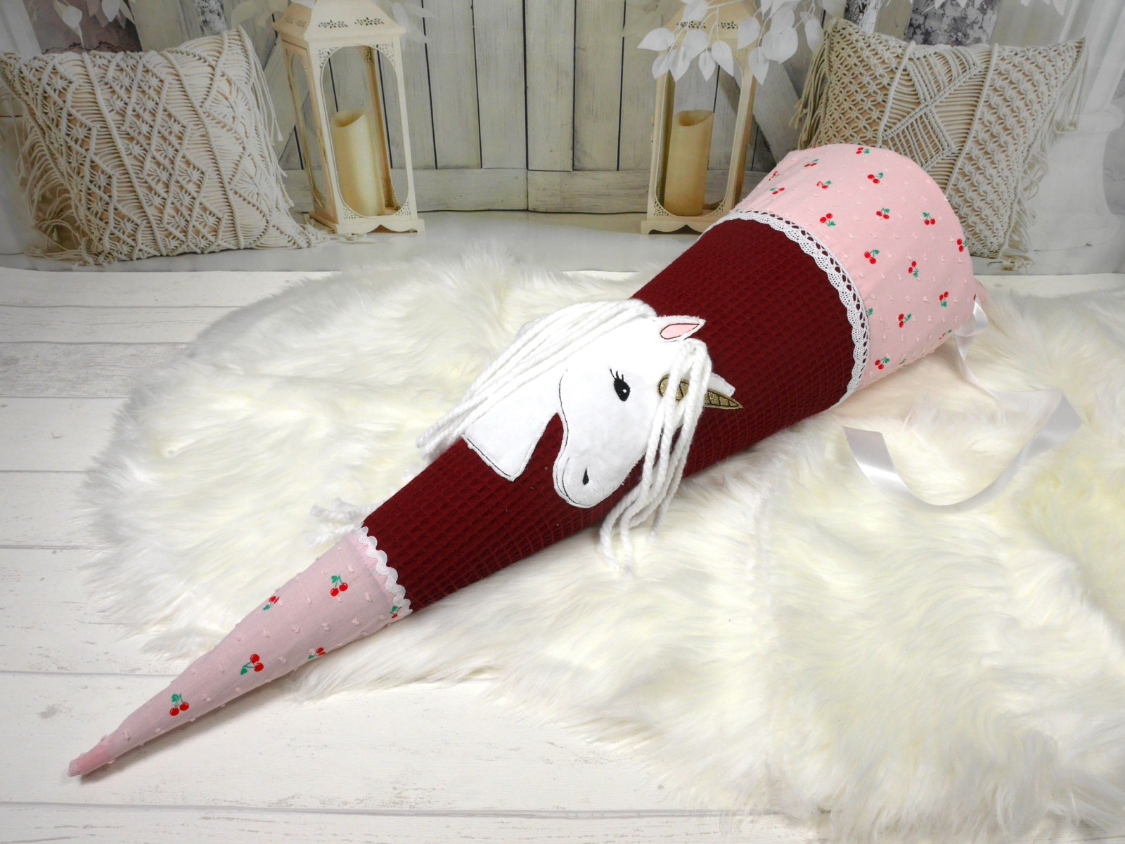 Schultüte aus Stoff in bordeaux und rosa mit Kirschen Einhorn personalisiert mit Name 70cm oder