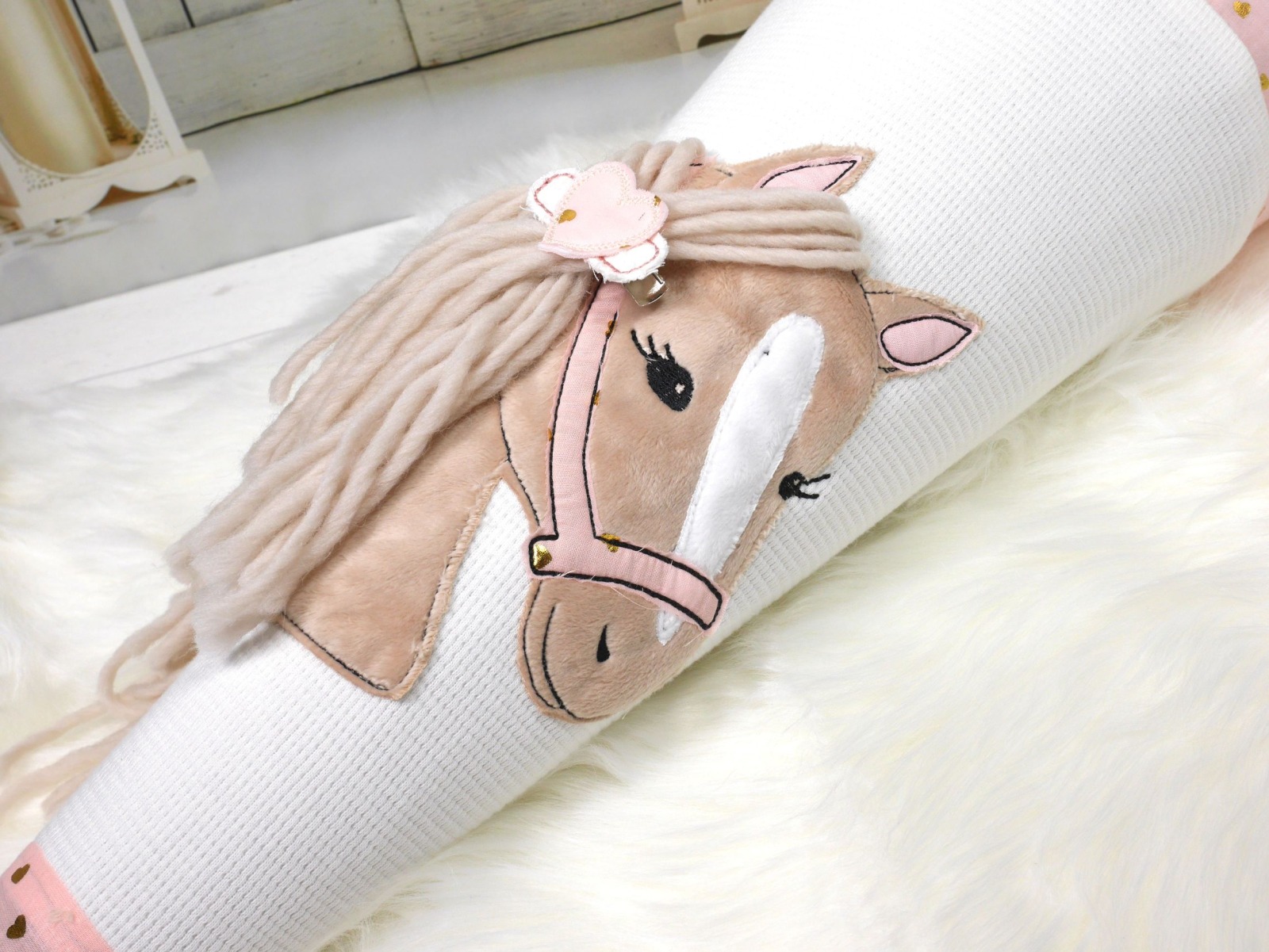 Schultüte aus Stoff in ivory und rosa mit goldenen Herzen und Pferd mit Name 70cm oder 85cm 3