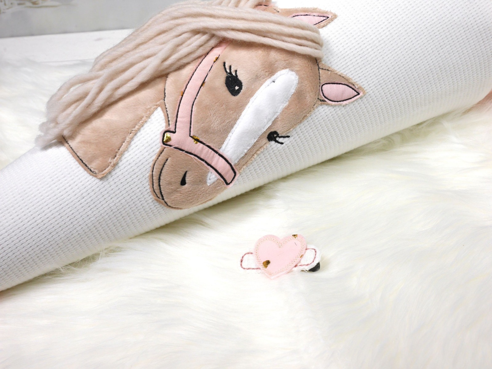 Schultüte aus Stoff in ivory und rosa mit goldenen Herzen und Pferd mit Name 70cm oder 85cm 5