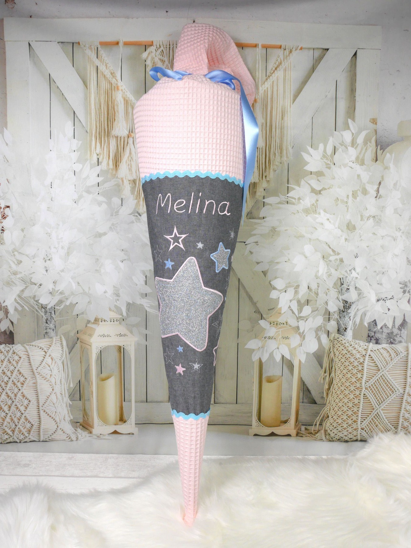 Schultüte aus Stoff Sterne mit Glitzer rosa grau Zuckertüte Mädchen 70cm oder 85cm 4