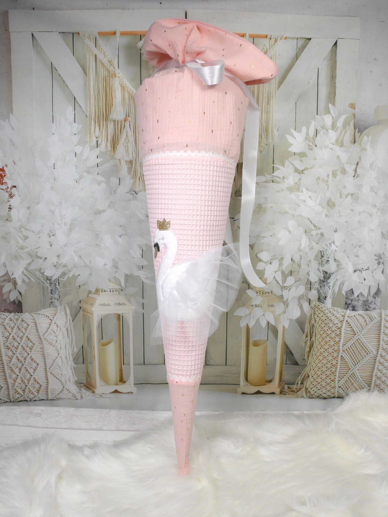 Schultüte aus Stoff Schwan mit Tüllflügel und Glitzerkrone rosa Zuckertüte Mädchen 70cm oder