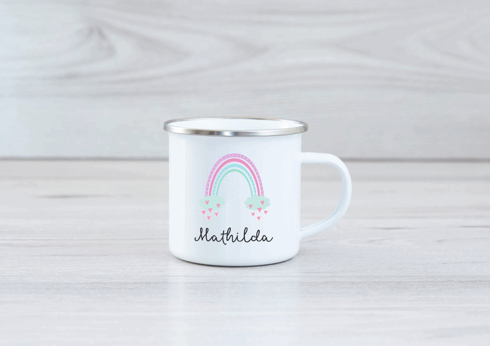 Emaille Tasse Regenbogen personalisiert mit Namen