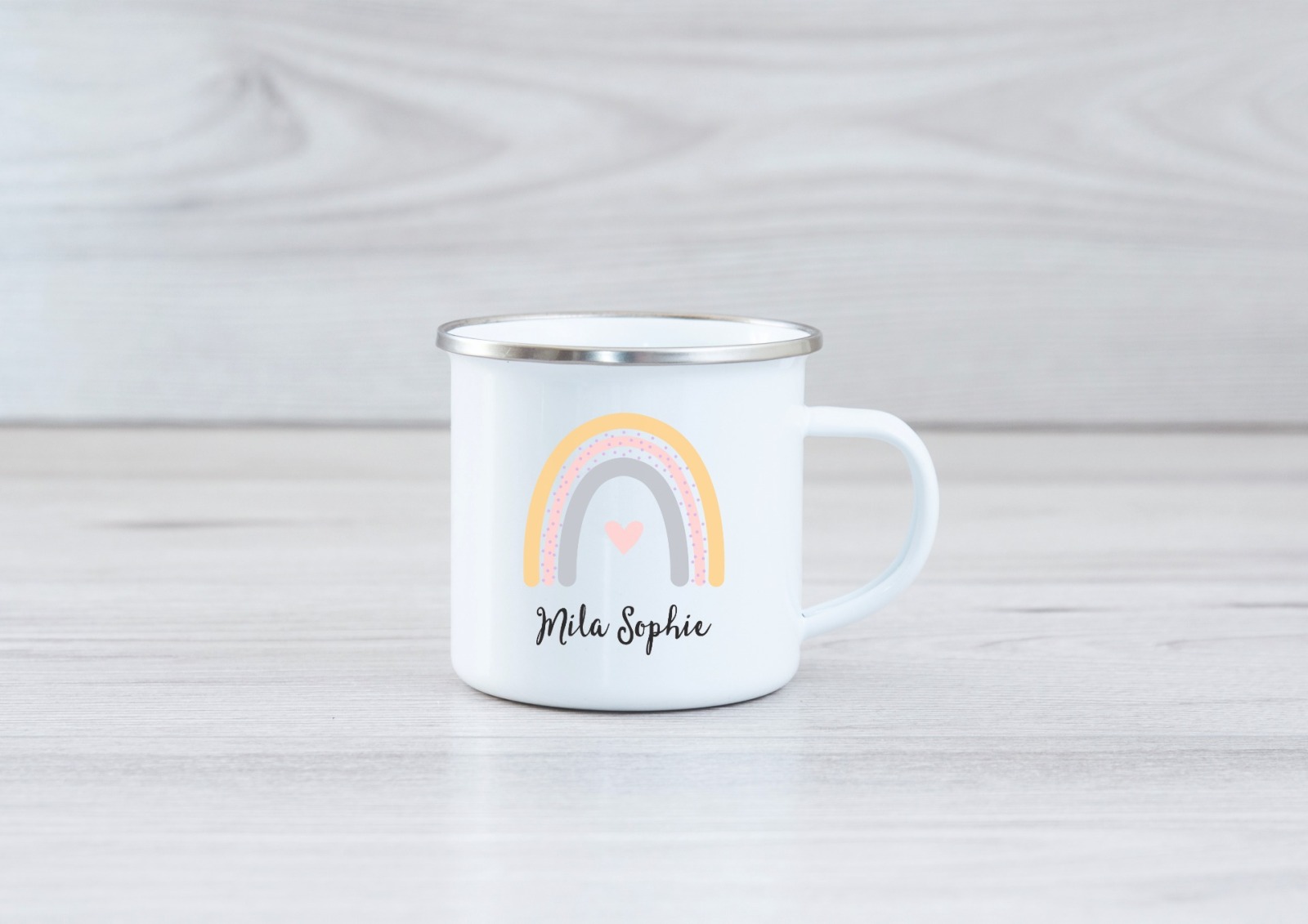 Emaille Tasse Regenbogen personalisiert mit Namen